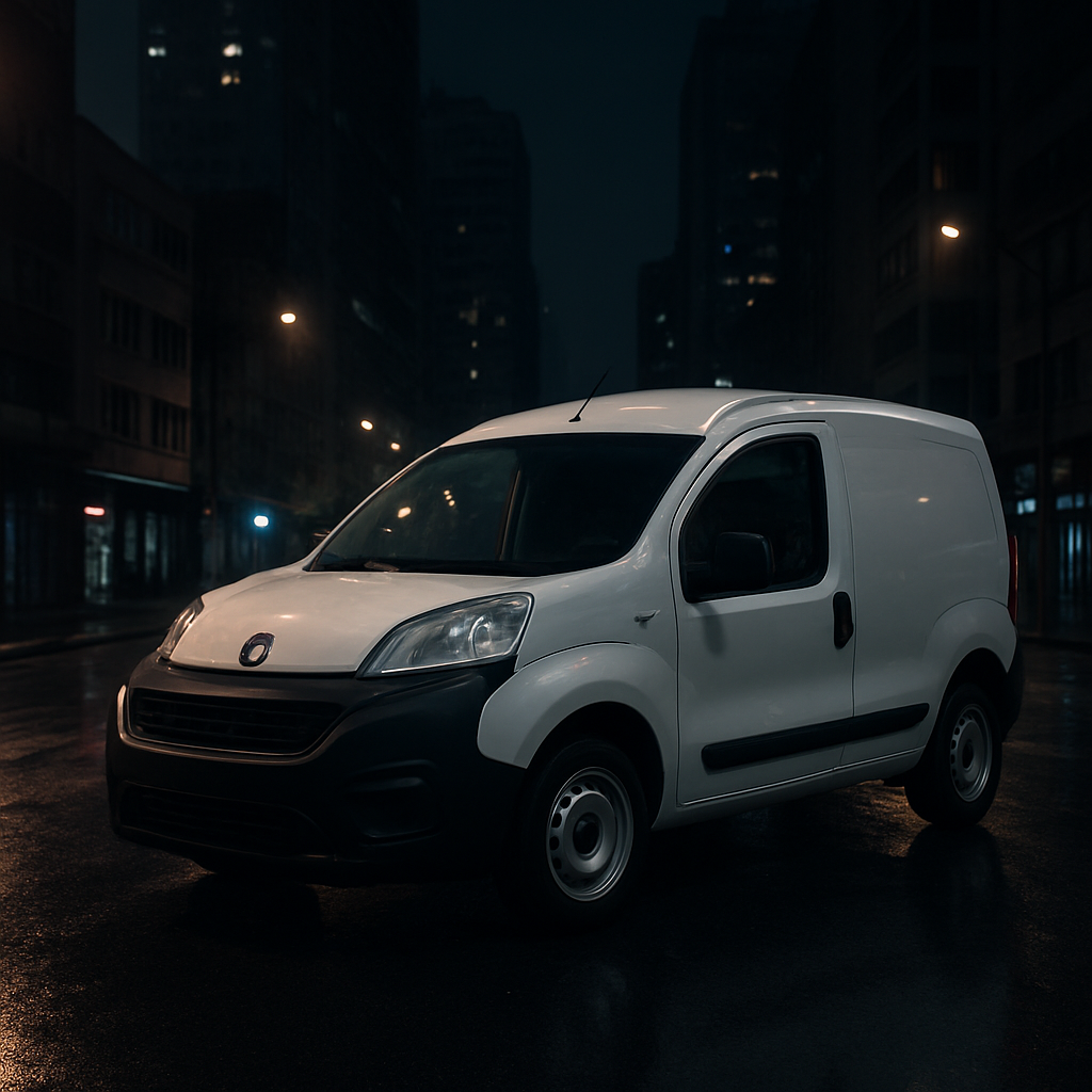 Fiat Fiorino branco estacionado em uma rua de São Paulo à noite
